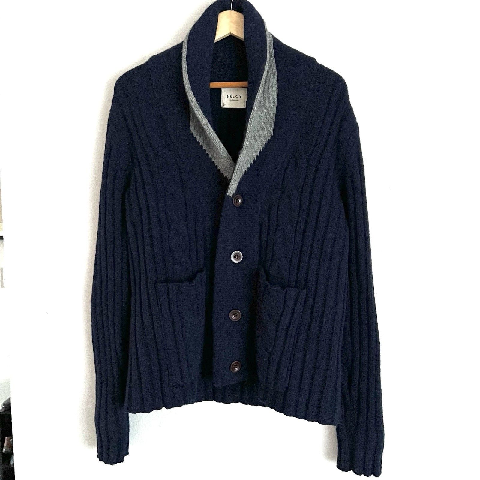 Nn07 Navy Cable Knit Wool Cardigan Sweater - Medium